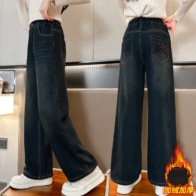 2025春秋新款儿童洋气冬装加绒直筒裤子女童秋装牛仔裤宽松阔腿裤
