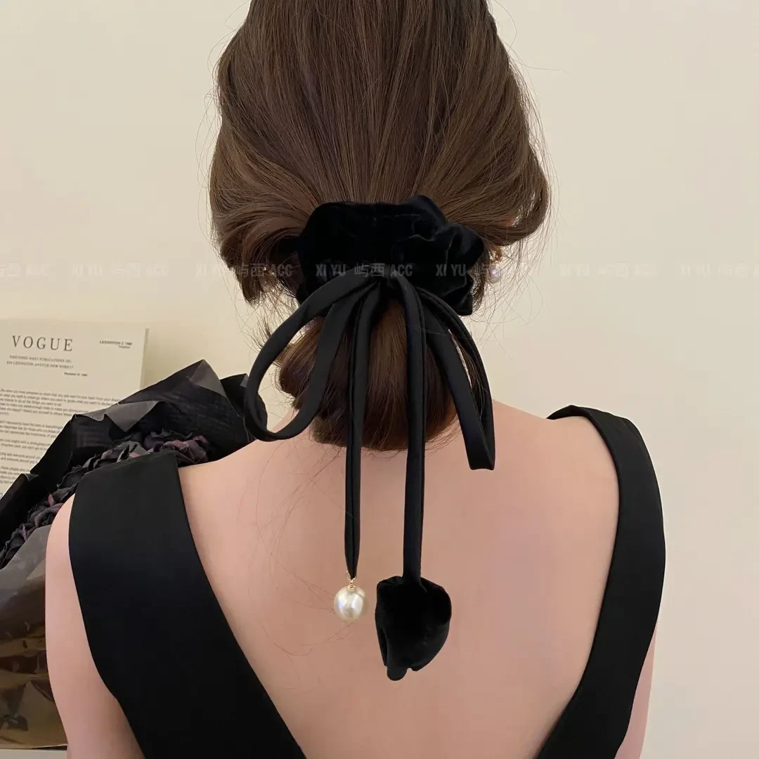 法式小众丝绒郁金香大肠飘带发圈优雅马尾丸子头超仙秋冬新款头饰