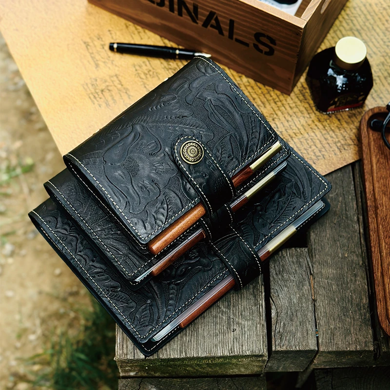 经典黑唐草纹真皮活页手账本A5A6A7牛皮记事本日记本礼物包装