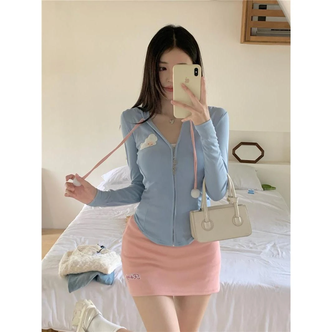胖MM2023辣妹运动套装收腰连帽防晒上衣+包臀半身裙