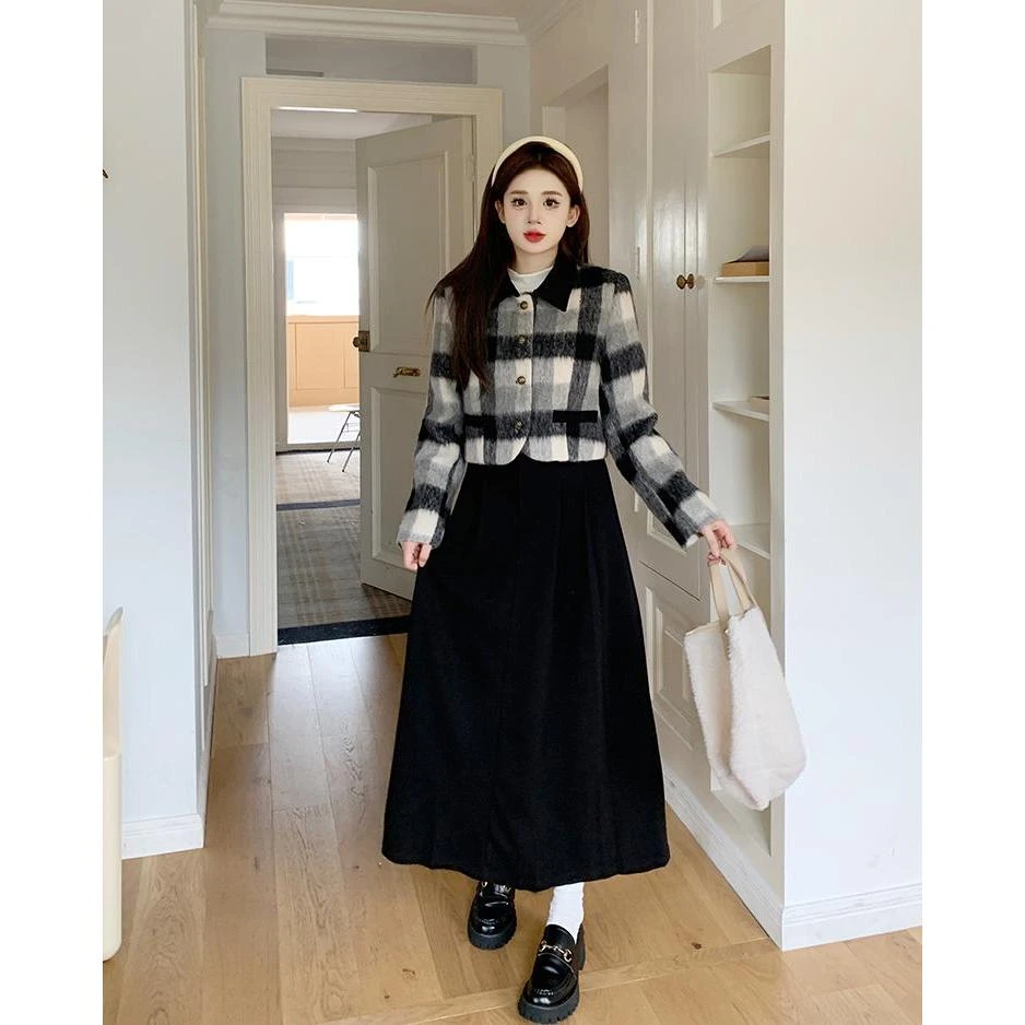 大码女装法式复古格子上衣夹棉加厚小香风毛呢外套半身裙套装