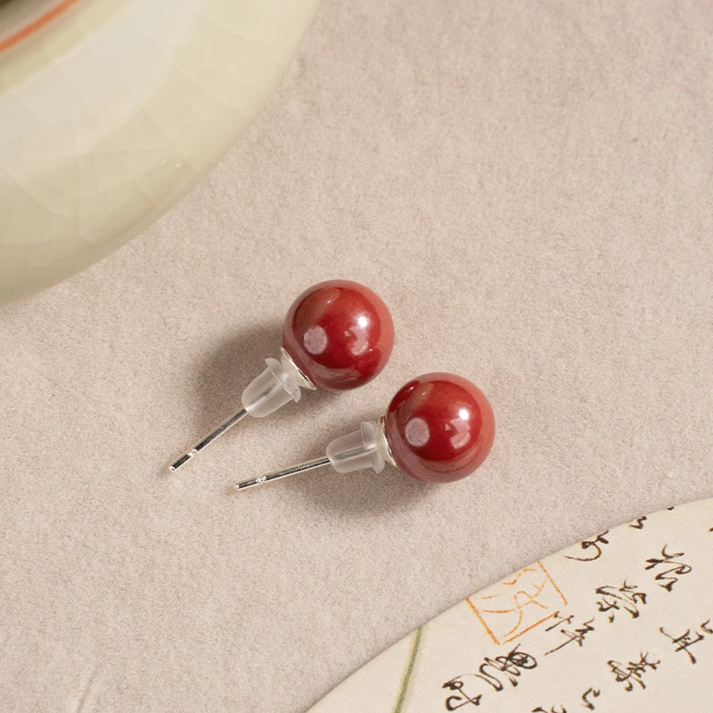 含辰砂工艺品《一抹朱红》五台 辰砂耳钉本命年圆珠新中式女款