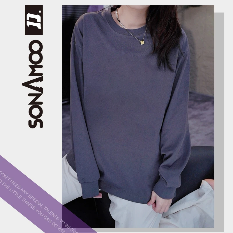 【sonAmoo】简约风格万针包梗刺绣重磅长袖T恤卫衣D18861
