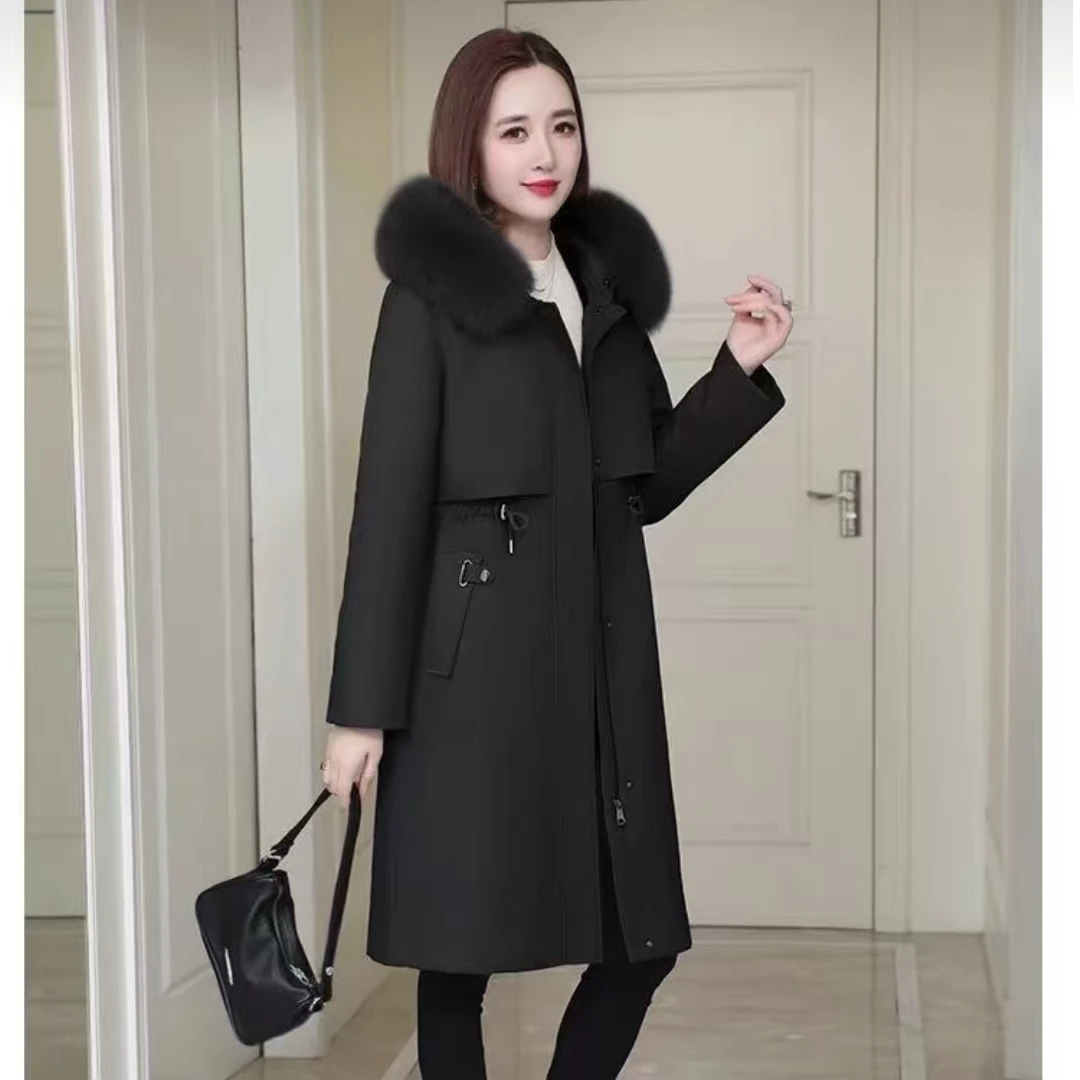 女士长款可拆卸兔毛内胆狐狸毛领派克服