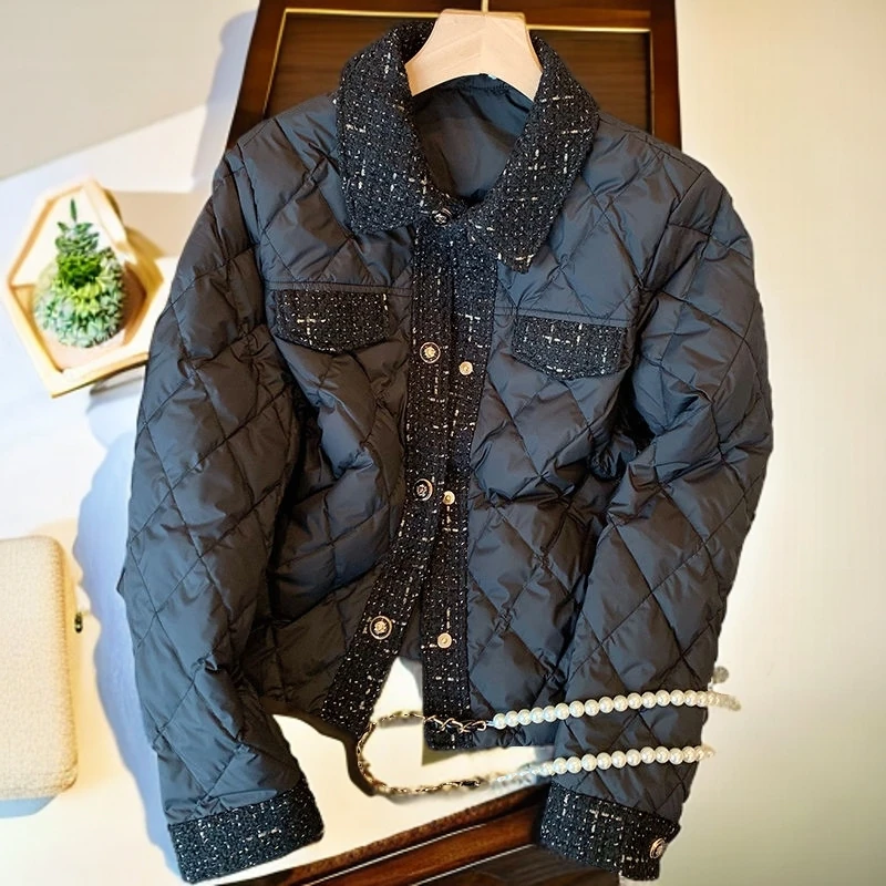 小香风翻领菱格黑色棉服女冬季新款法式复古气质短款棉衣外套