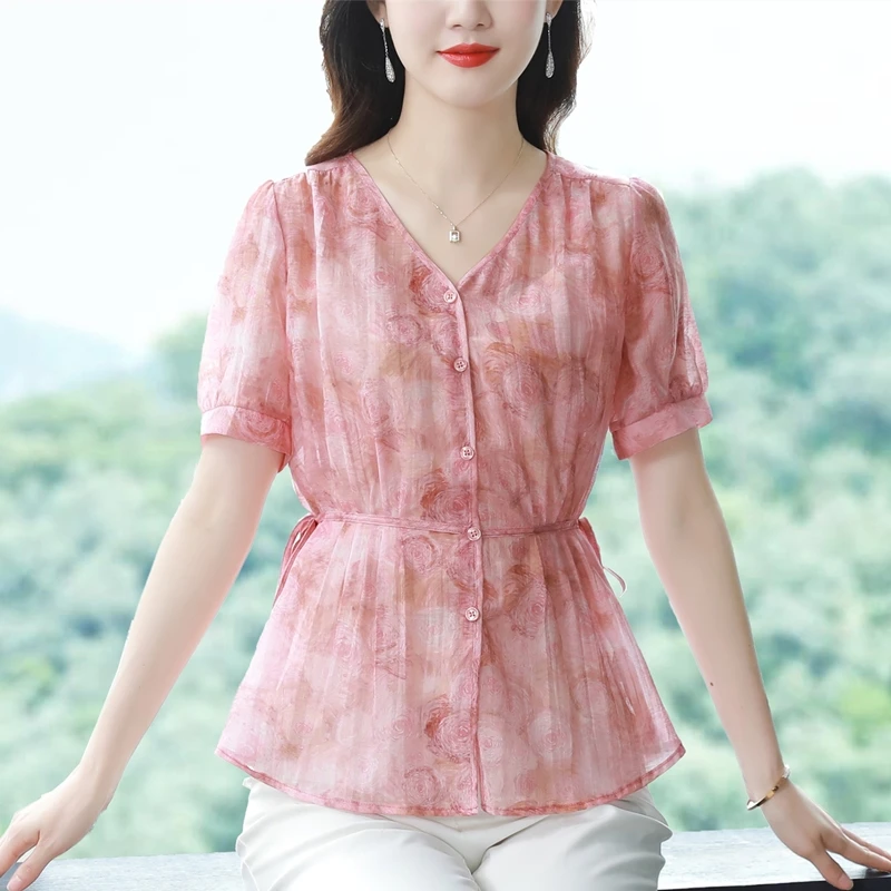 泡泡袖上衣短袖衬衫女2023夏新款大码上衣绑带收腰显瘦碎花衬衣