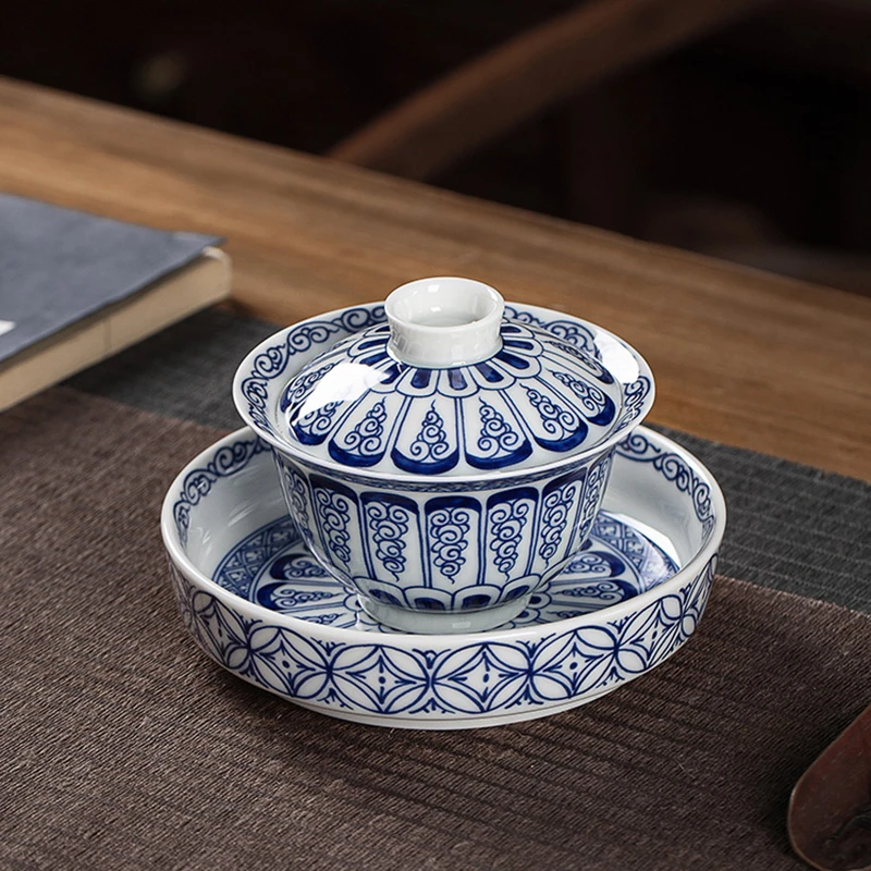 仿古泥卷草纹三才盖碗茶杯单个高端壶承公道杯茶杯子主人杯小套装