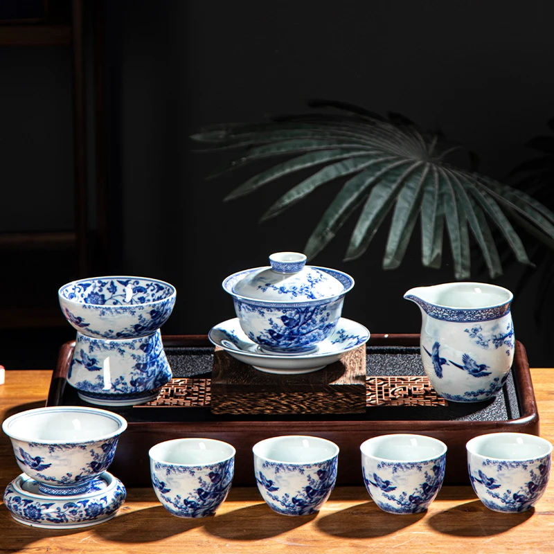 景德镇青花瓷功夫茶具茶杯子茶具套装复古釉下彩大号家用喜上眉梢