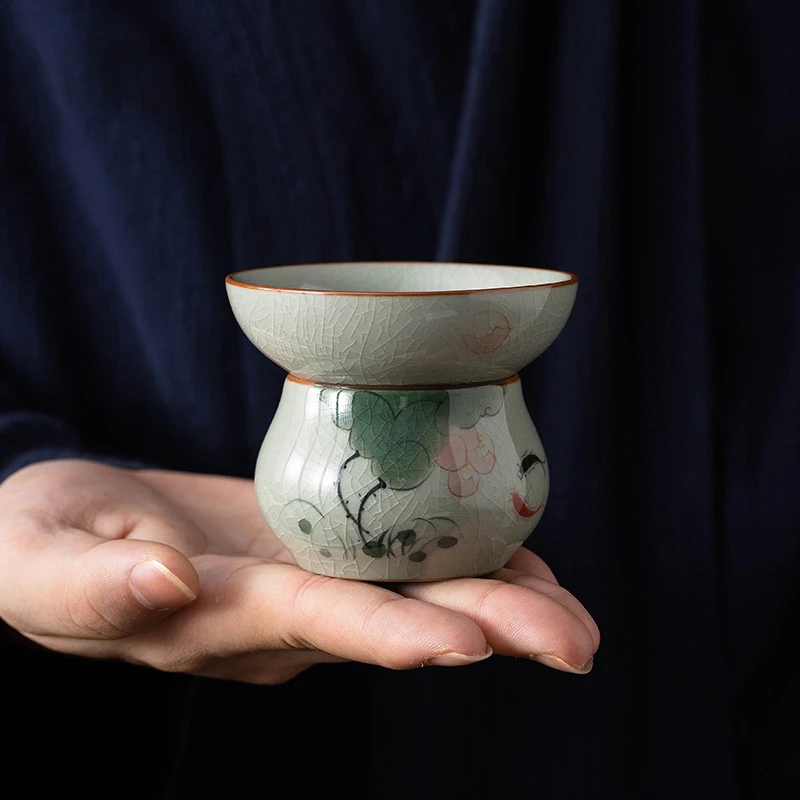 纯手绘哥窑手绘池鱼过滤泡茶杯茶漏茶滤一体式茶叶茶水分离过滤器