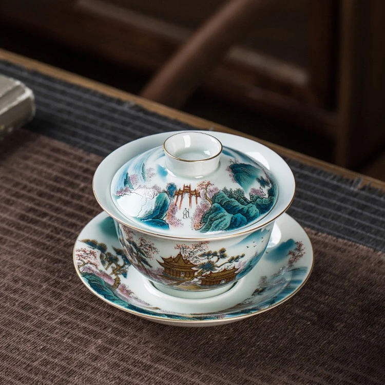 景德镇盖碗茶杯单个高端粉彩泡山水泡茶碗杯功夫茶陶瓷套装三才碗