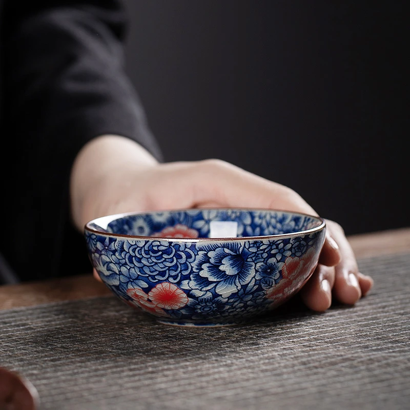 老陶泥釉里红万花普洱杯个人专用杯陶瓷杯家用主人杯小茶杯喝茶碗