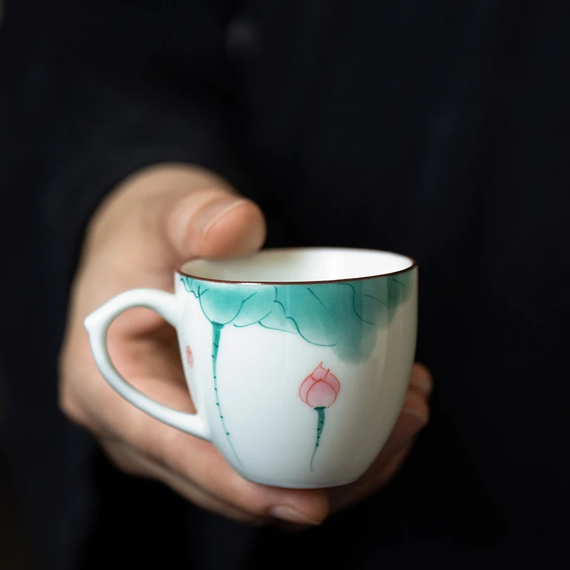 景德镇荷莲花陶瓷小茶杯带把杯子单个家用待客主人杯喝水杯个人用