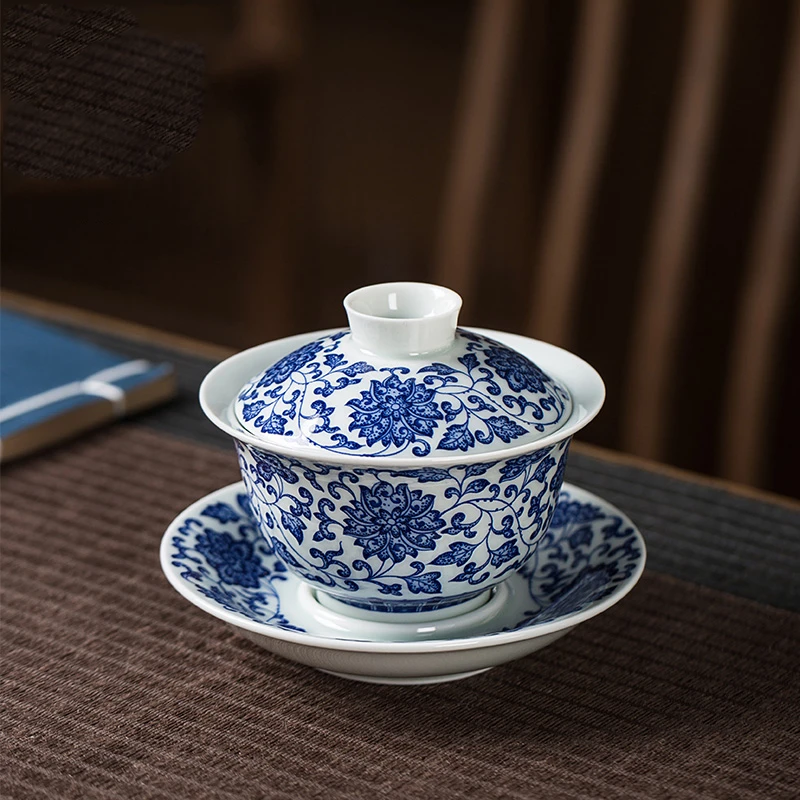 纯手工手绘景德镇缠枝莲三才盖碗茶杯子单个敬茶碗功夫茶具泡茶器