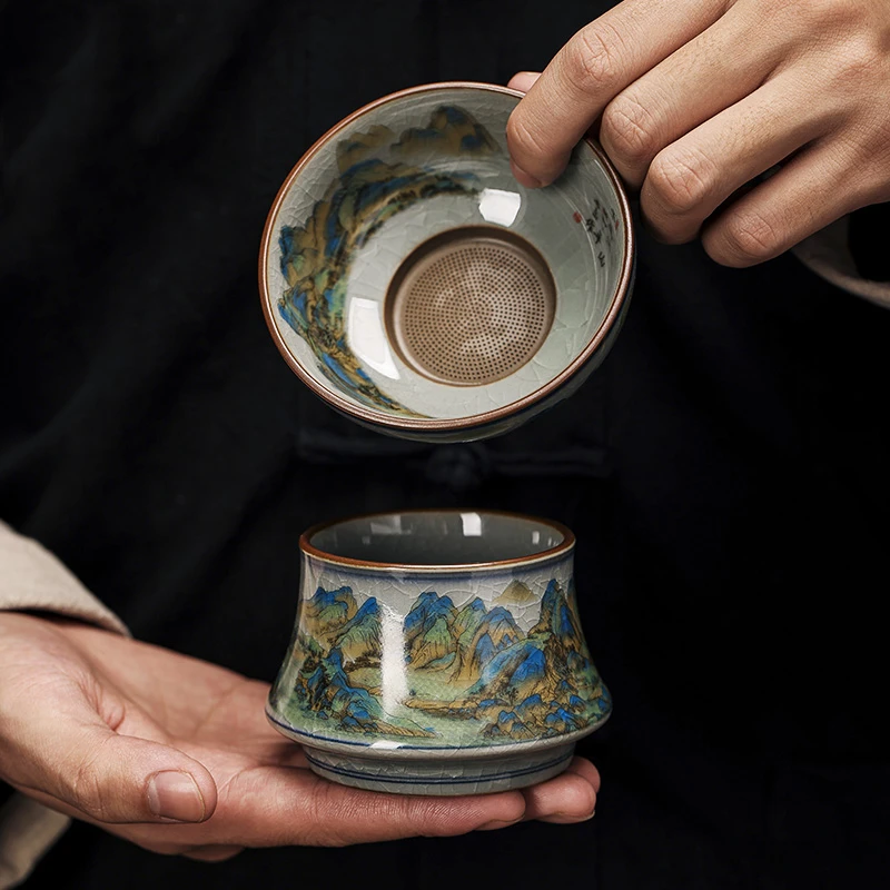 老陶泥手工手绘千里江山茶漏斗茶隔陶瓷茶滤功夫茶具配件泡茶过滤