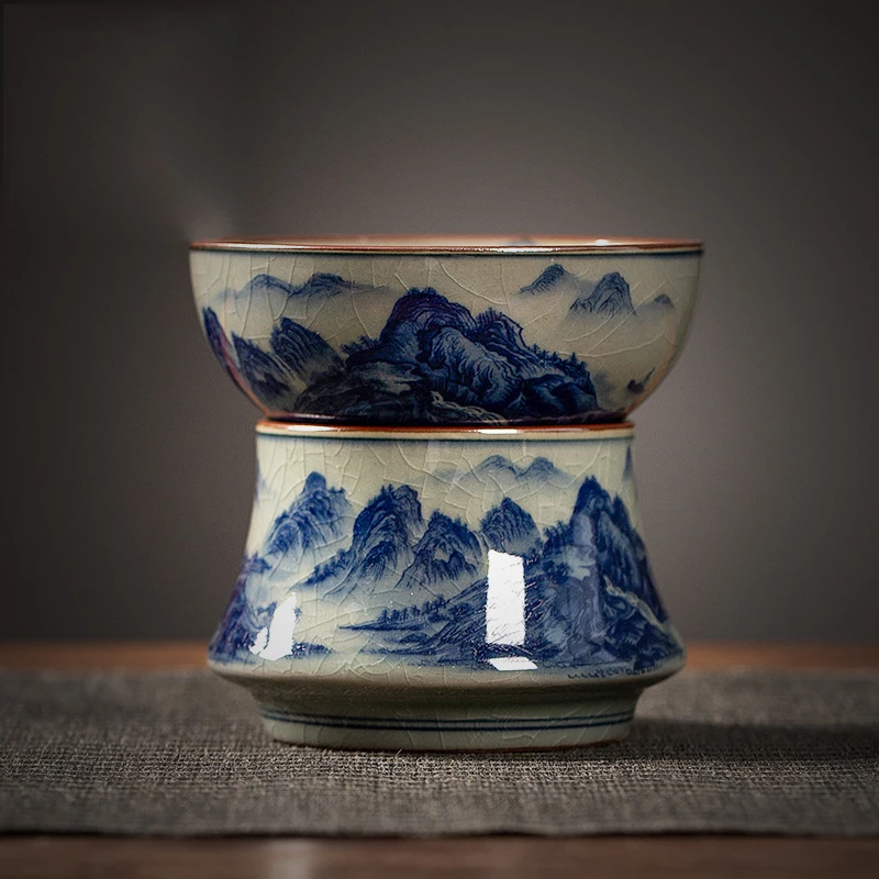 景德镇茶漏茶滤千里江山茶叶过滤网泡茶陶瓷公道杯一体滤茶器茶具