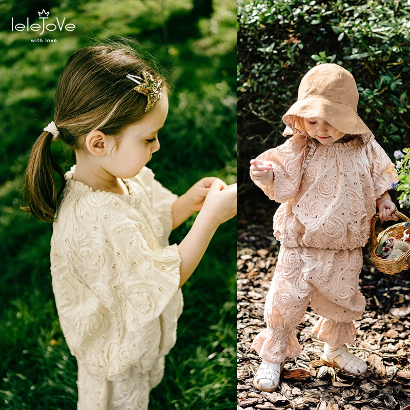 【lelejove】北欧风女童短袖夏款甜美镂空圆领衫裤子4AU38308