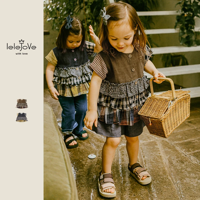 【lelejove】北欧风童装女宝儿童圆领衫拼接款短袖衬衫3AU38220