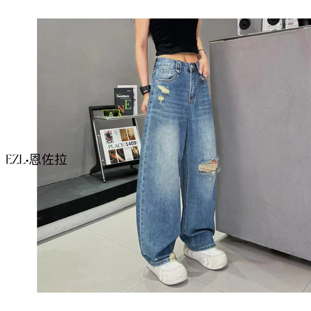 EZ8831 新款夏季破洞复古蓝无弹软牛仔老爹堆堆裤百搭