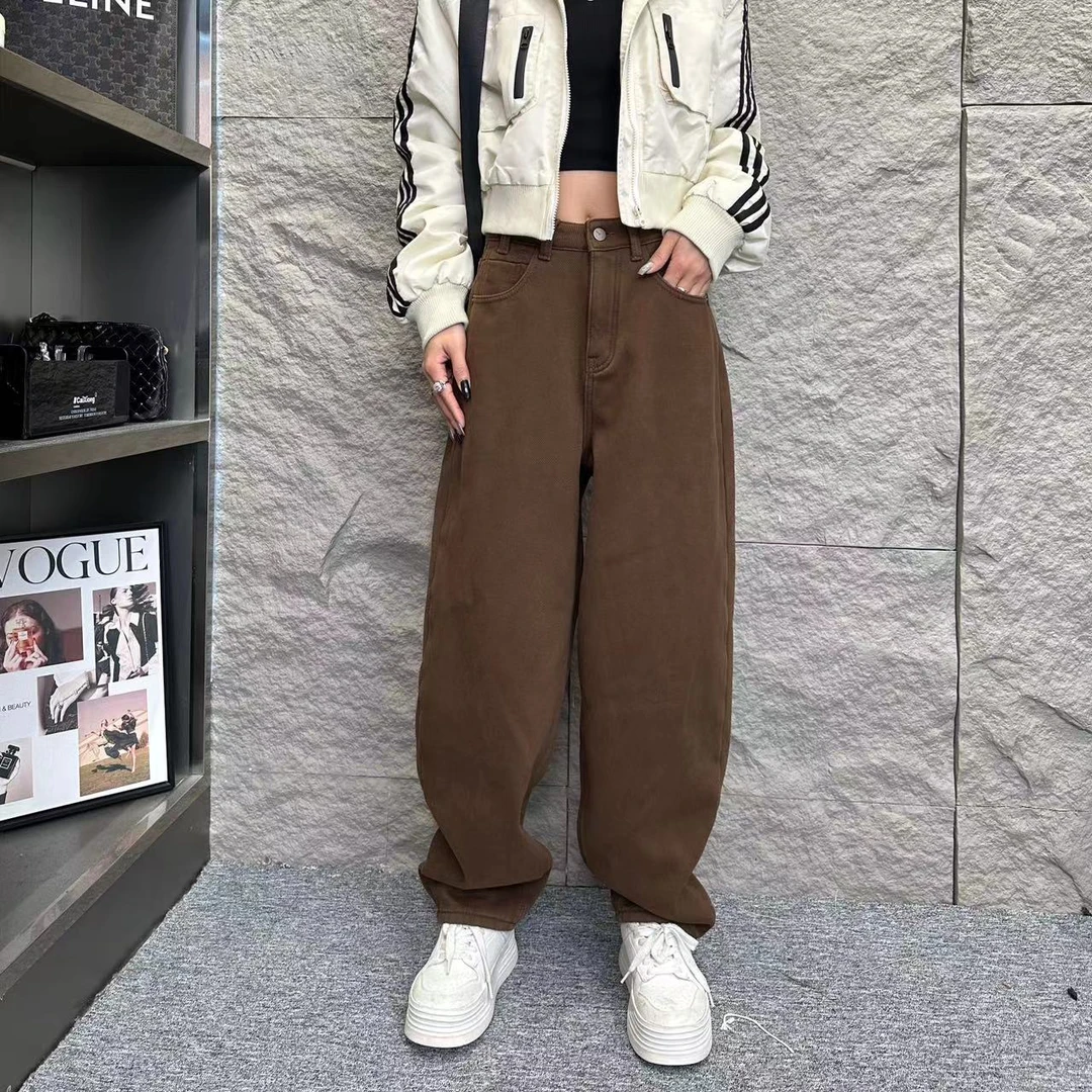 9915纯色复古加绒显瘦高腰牛仔裤女秋冬宽松百搭老爹堆堆裤