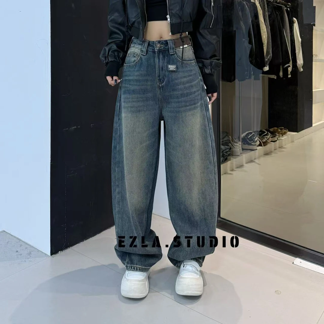 EZ8957-2冬季加厚加绒复古水洗设计感高街牛仔弯刀老爹裤