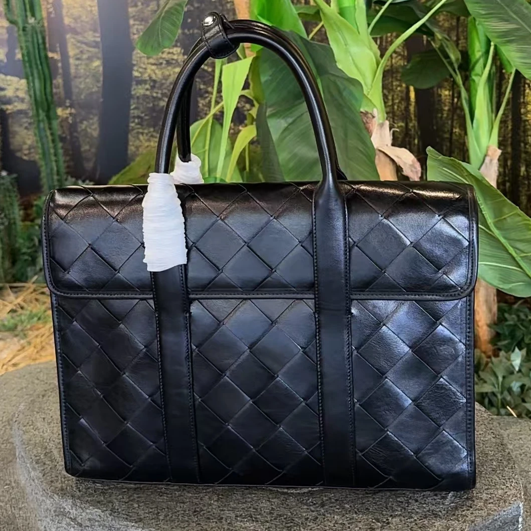 头层牛皮手工编织公文包电脑包提包时尚洋气简约轻奢长公文包男士