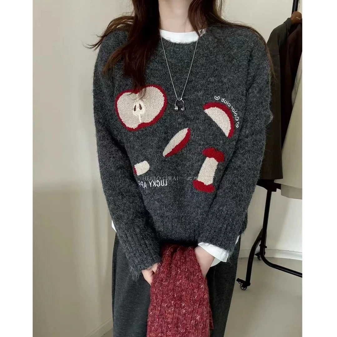 圆领苹果图案可爱套头毛衣女秋冬新款韩系大版减龄针织衫潮