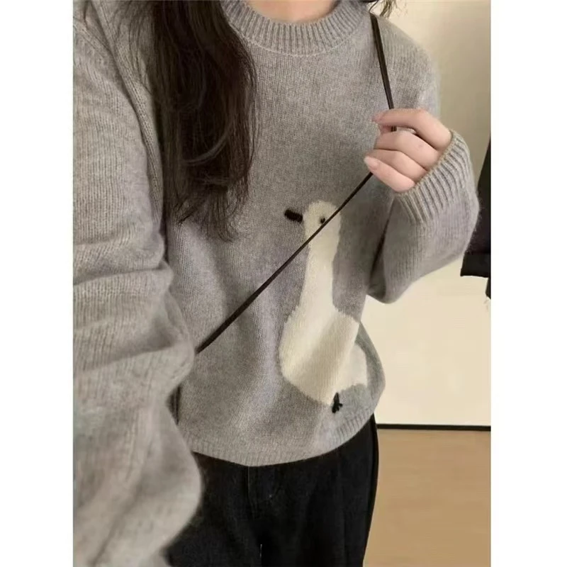 卡通小鸭子图案圆领毛衣女2024秋冬新款休闲时尚百搭针织衫上衣潮
