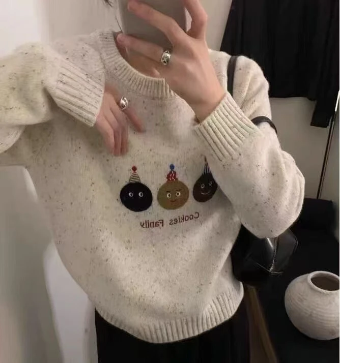 【三只饼干】韩系可爱搞怪卡通刺绣针织衫温柔软糯百搭上衣套头毛衣