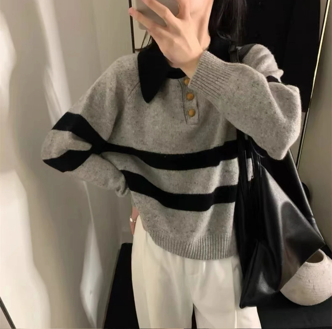 【木扣翻领】秋冬季韩系Polo领撞色针织衫软糯宽松套头条纹毛衣上衣