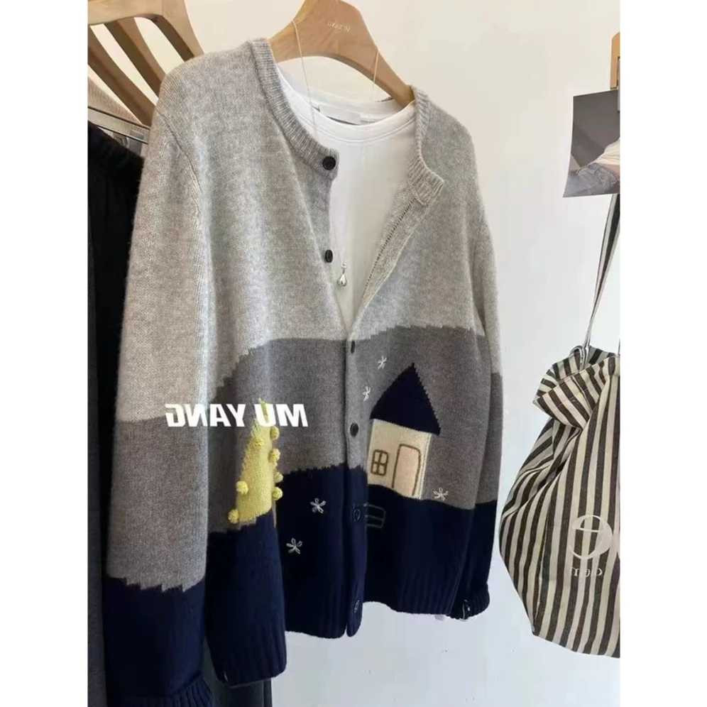 舒适休闲慵懒风百搭圆领针织衫别致减龄拼色设计感提花毛衣女