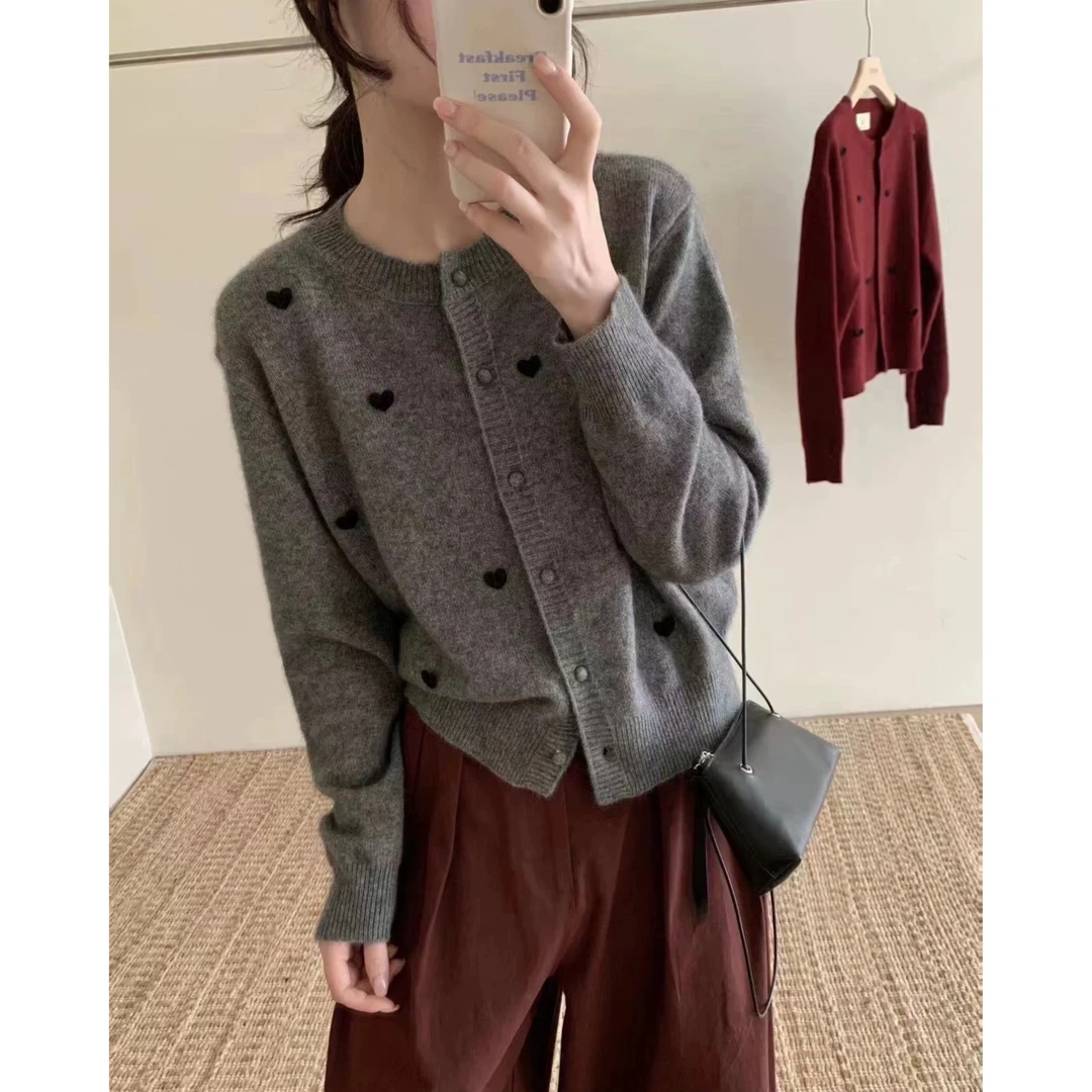 【爱心开衫】韩系女装短款软糯百搭宽松圆领长袖提花针织上衣外套