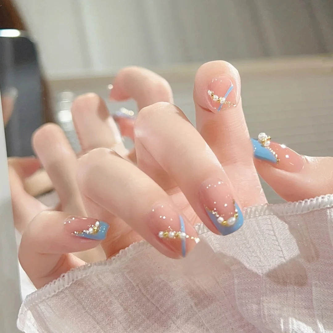 【短方圆】珍珠细闪法式夏日纯欲温柔透粉色显白穿戴甲指甲贴