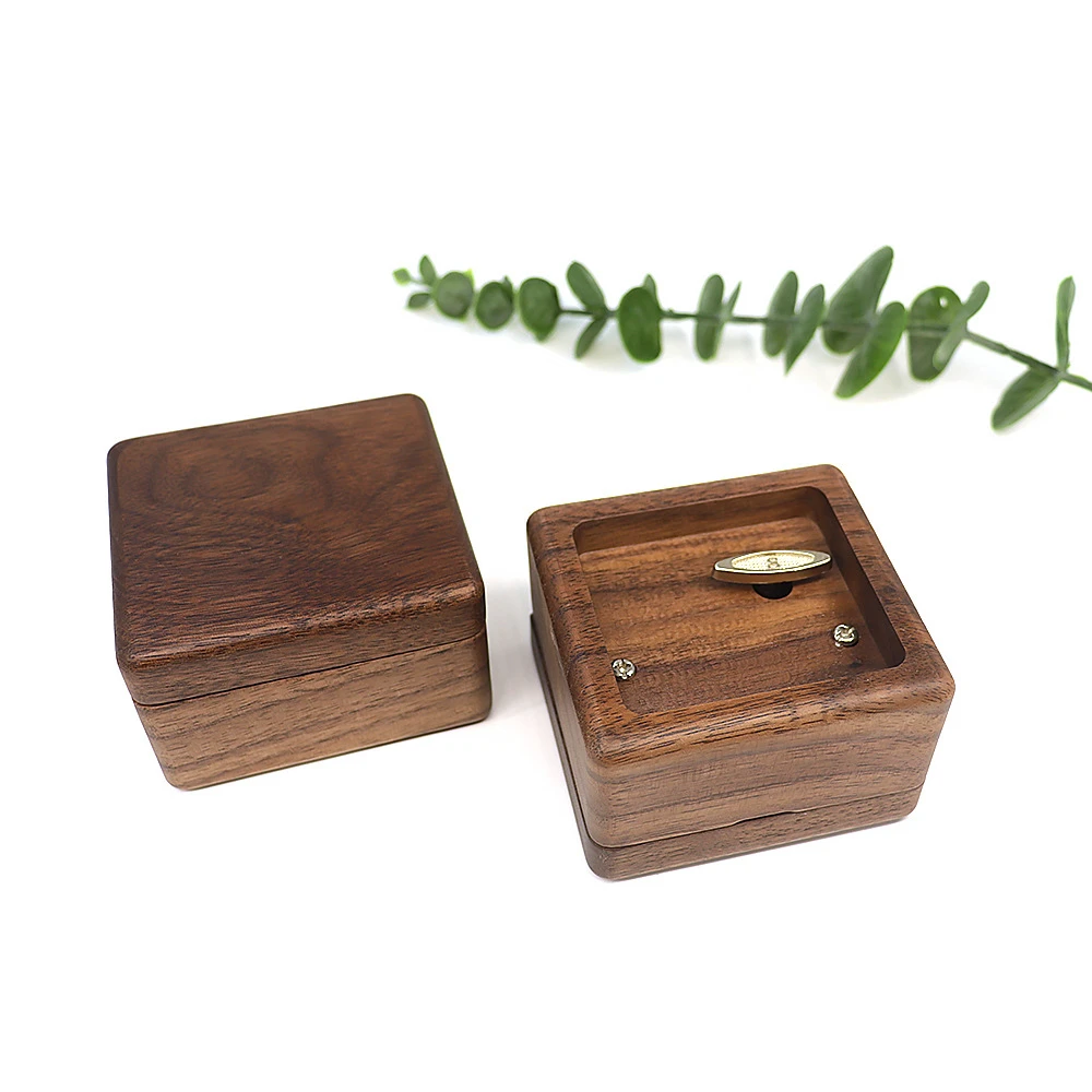 实木黑胡桃音乐盒摆件八音盒木制雕刻木盒发音盒儿童节 便携礼品