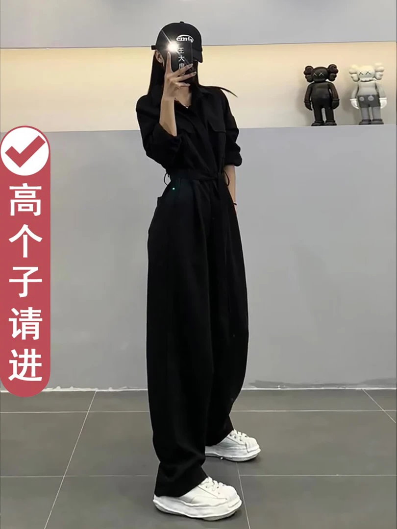高个子酷飒风女装高级感工装阔腿裤秋季韩版复古山本风黑色连体裤
