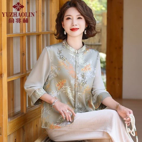 妈妈装春装薄款时尚复古国风缎面两件套中老年女装中年洋气上衣