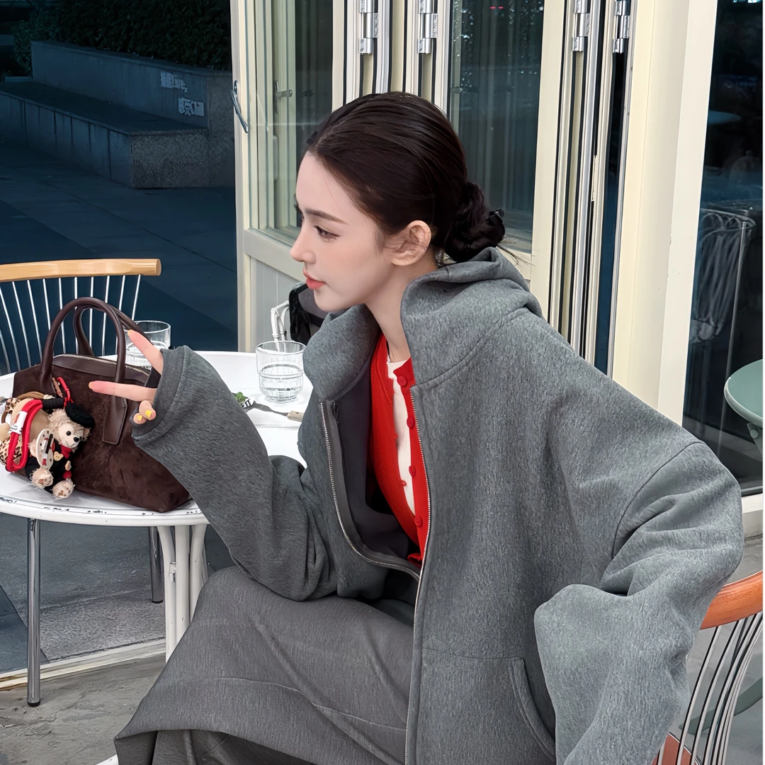 金黎儿DU加定制小鞠同款雾凇见鹿定制花灰连帽加绒卫衣W141022