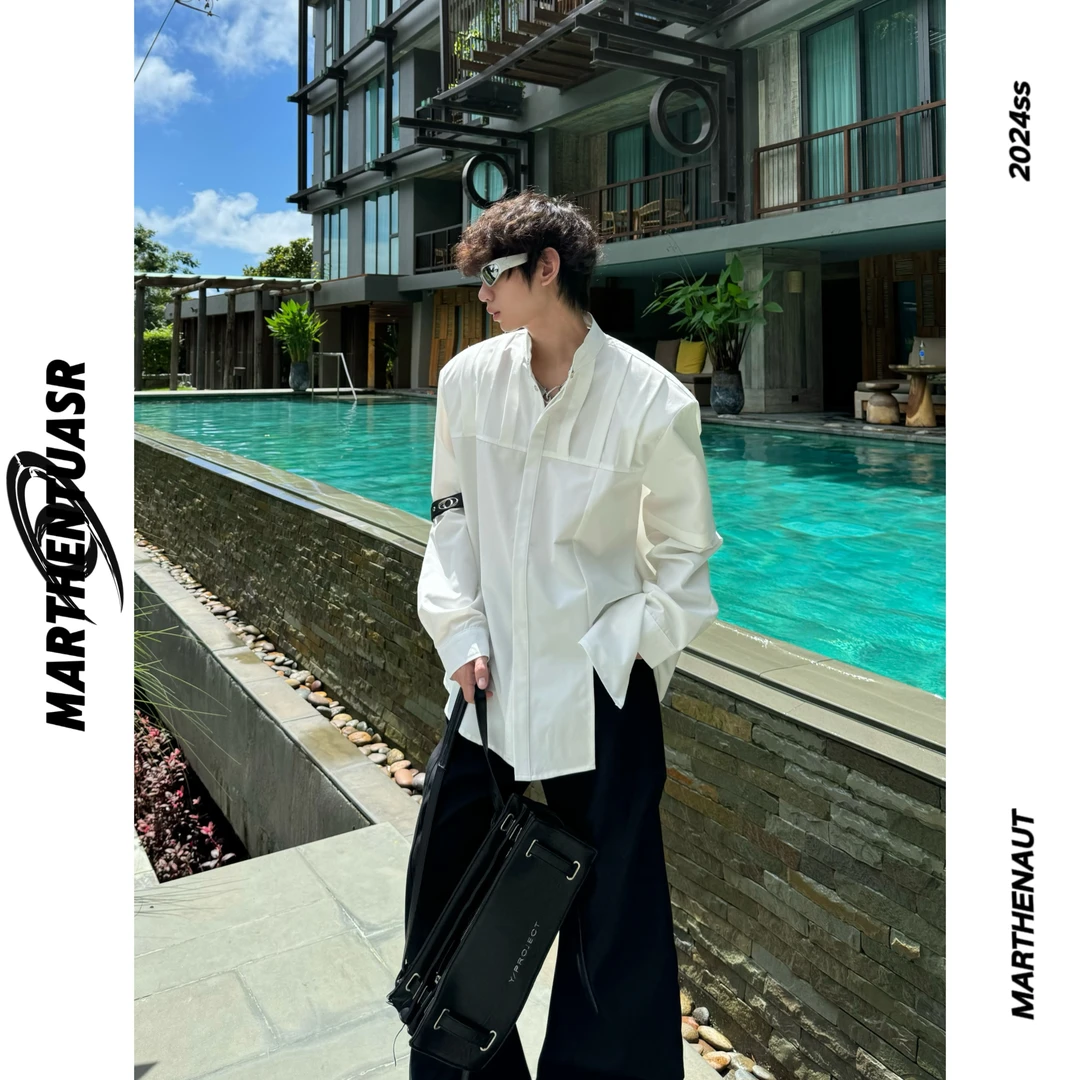 MARTHENAUT原创小众压褶皮带设计感垫肩立领衬衫24款秋挺廓衬衣