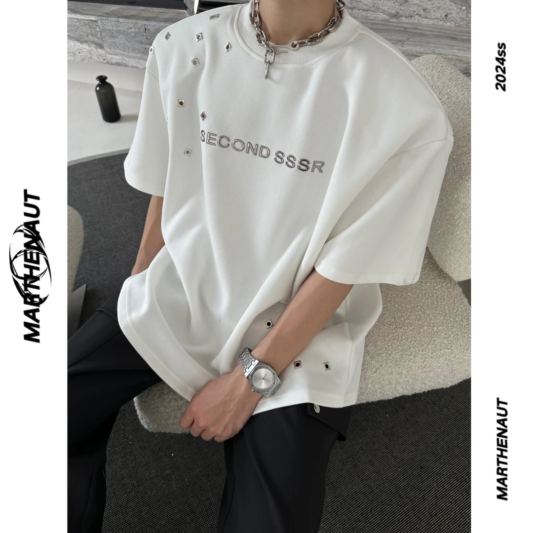 MARTHENAUT小众字母金属扣印花设计垫肩廓形短袖T恤夏季新款上衣