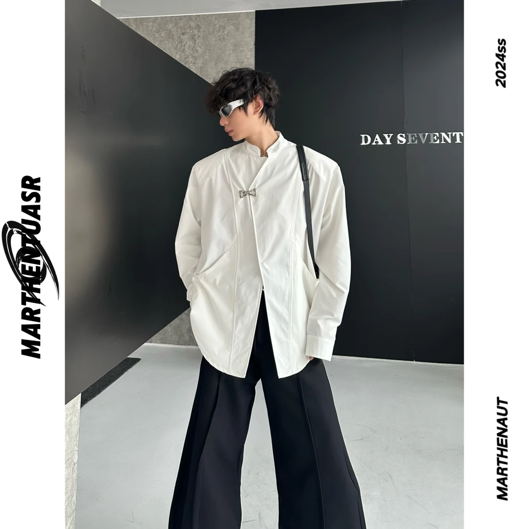 MARTHENAUT小众原创设计感解构斜襟中式长袖立领衬衫秋季垫肩衬衣