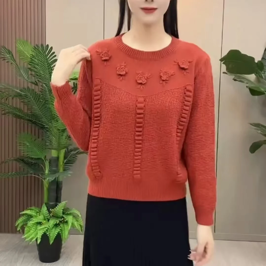 新款秋冬圆领针织衫花朵针织衫减龄套头休闲宽松长袖百搭针织衫