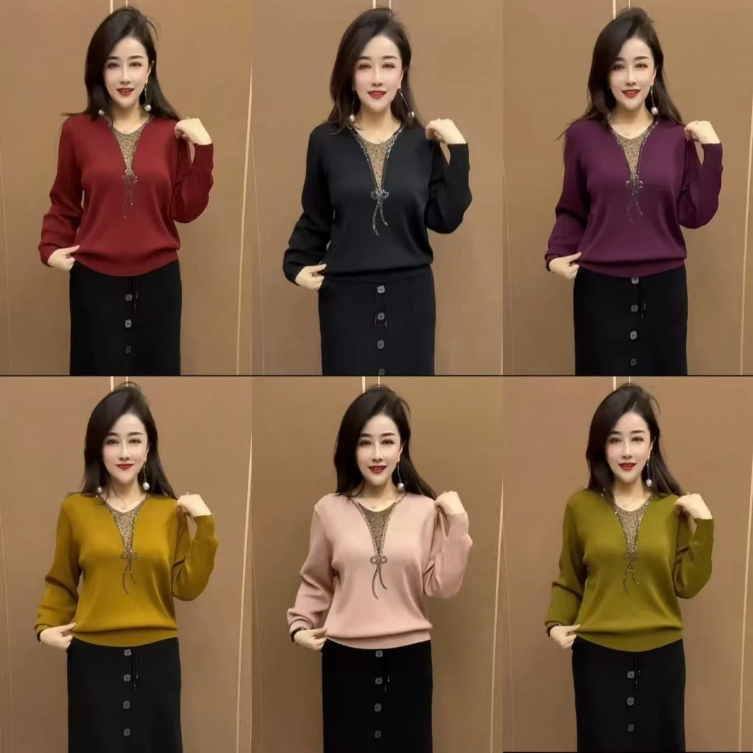 冬季新款减龄显瘦气质中年妈妈针织圆领套头上衣推荐