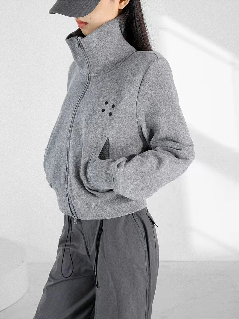 加绒重磅秋冬季女外套短款双拉链设计感立领休闲风卫衣长袖上衣女