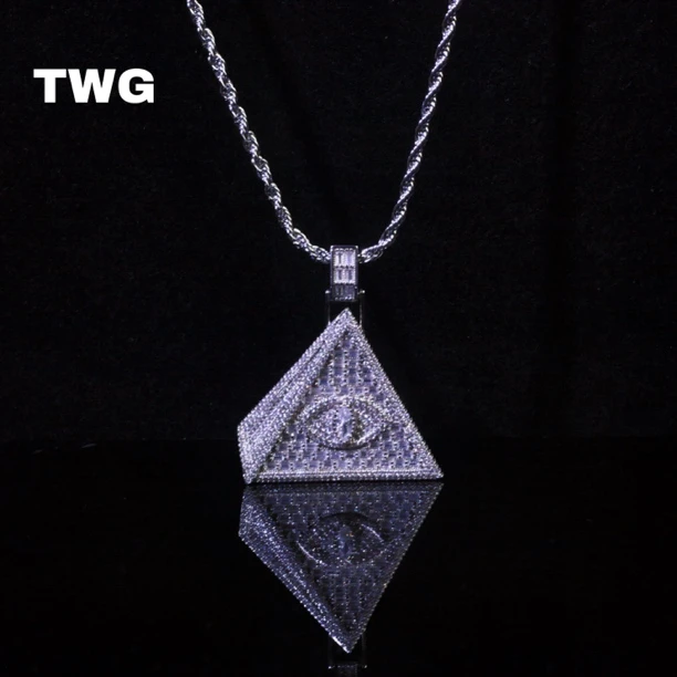 铜合金合成锆石吊坠 TWG镶嵌锆石眼睛个性金字塔吊坠项链嘻哈饰品