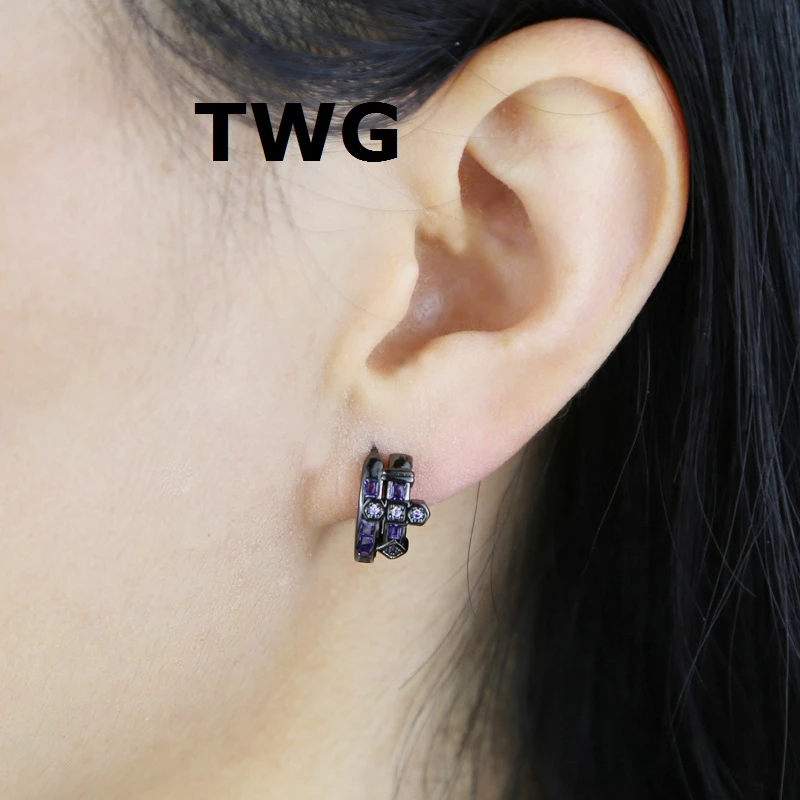 铜合金合成锆石耳饰 TWG轻奢款十字架耳圈金色银色黑金百耳环饰品