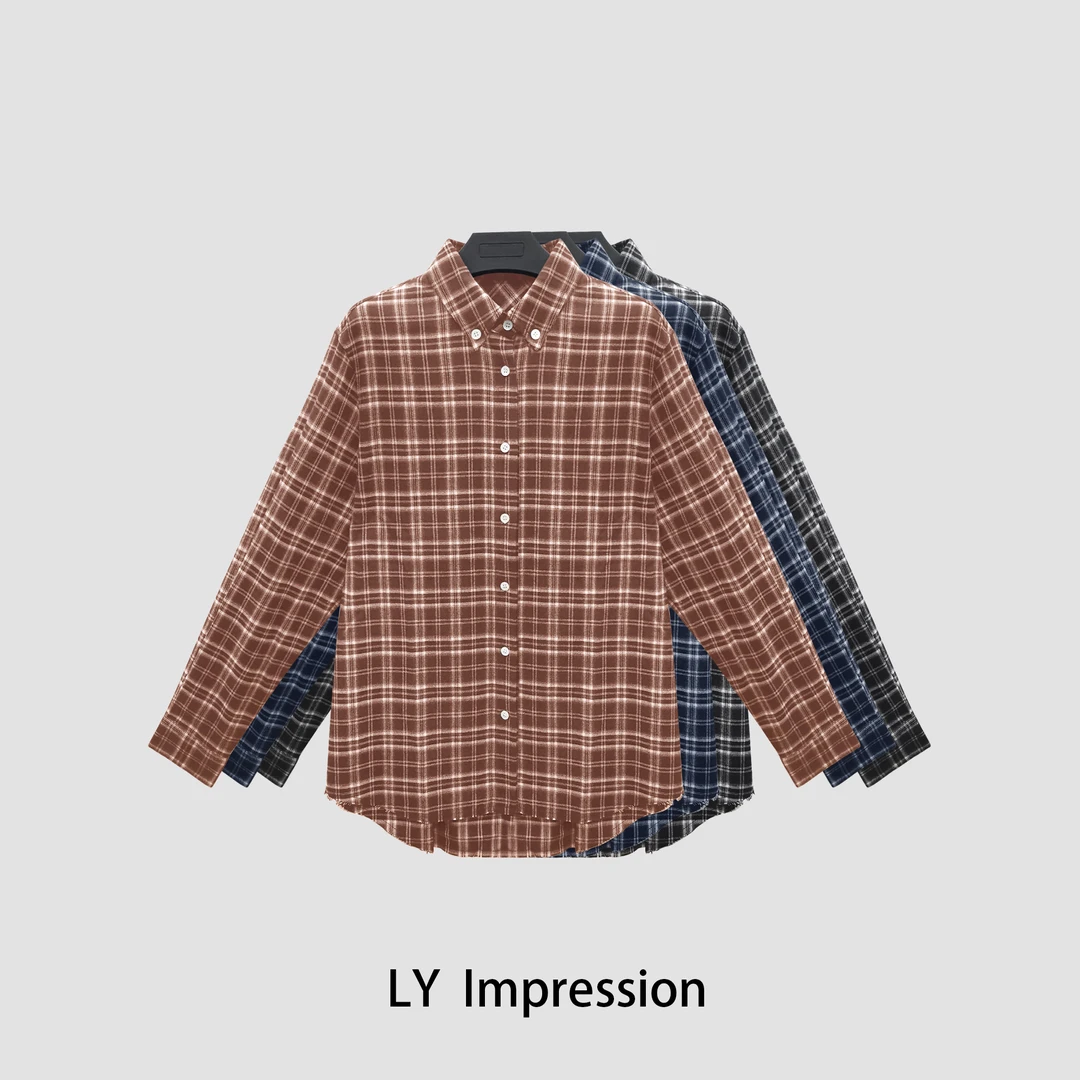 休闲百搭毛边格子衬衫LYBK105