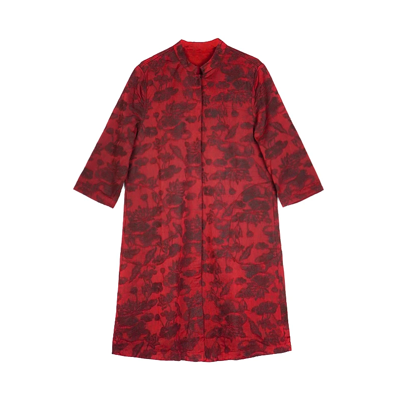 YZ2024秋冬新款柞蚕丝荷叶中长款红色复古风衣 8344-3