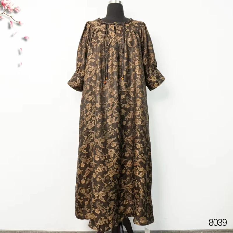 YZ新款亮咖色鸢尾花萝盘扣流苏时尚连衣裙 8039-1