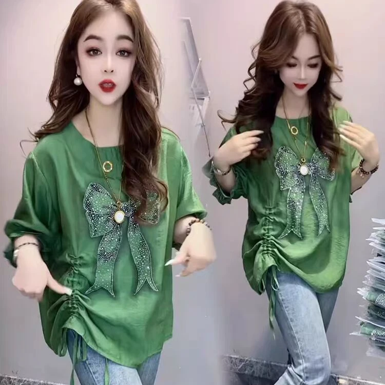 新款欧货时尚圆领重工蝴蝶结夏季薄款洋气显瘦设计感T恤