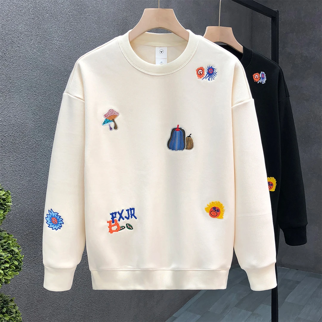 PinkAvril流行杏色刺绣加绒卫衣男款潮牌秋冬款打底衫冬季上衣