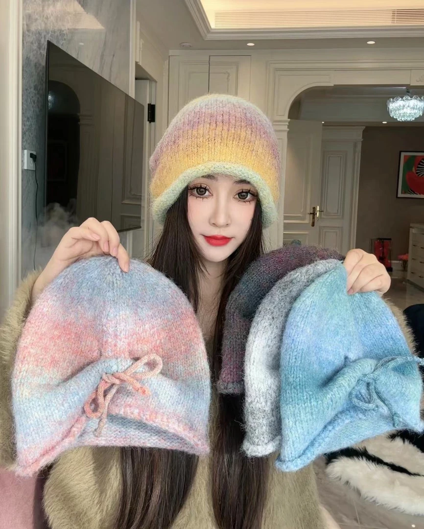 【绵绵抽绳版彩虹堆堆帽】加厚高弹力包头帽大头大脸显脸小百搭冷帽